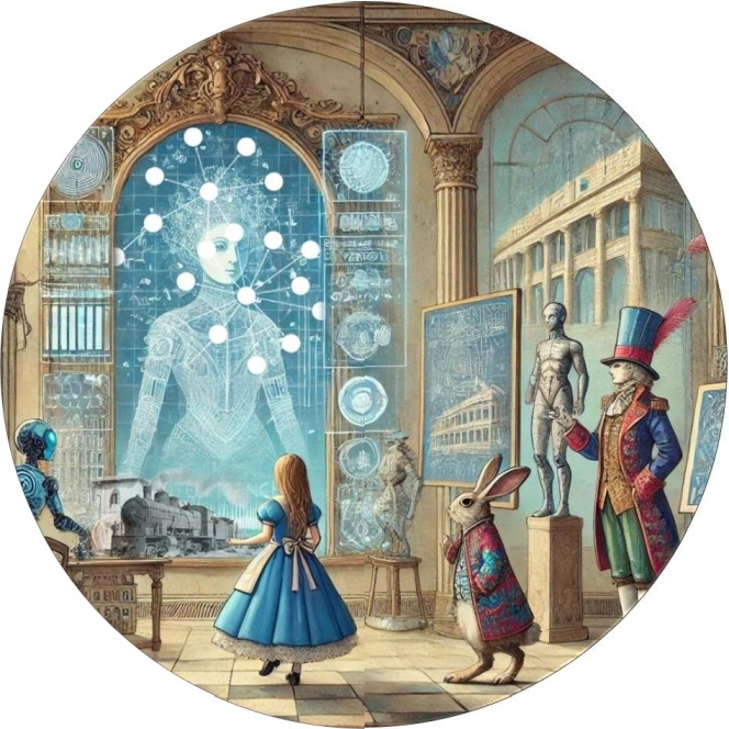 Illustration in a classical gallery: Alice, the White Rabbit and the Hatter face a luminous figure drawn as a knowledge graph, among heritage objects, a statue and a robot.